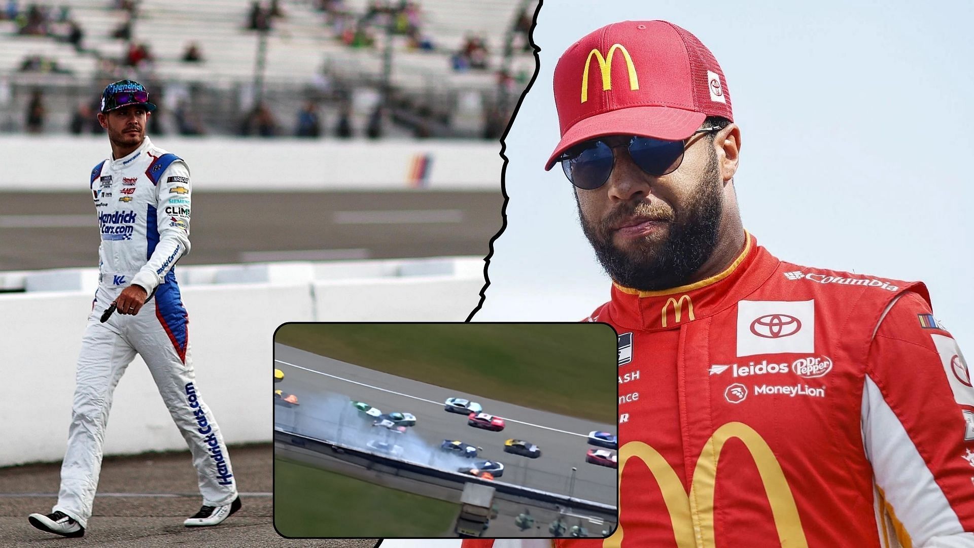 Kyle Larson (L) gives his take on Michigan wreck involving Bubba Wallace (R) (Image: (L- Imagn) (center- @NASCAR on X) (R- Getty))