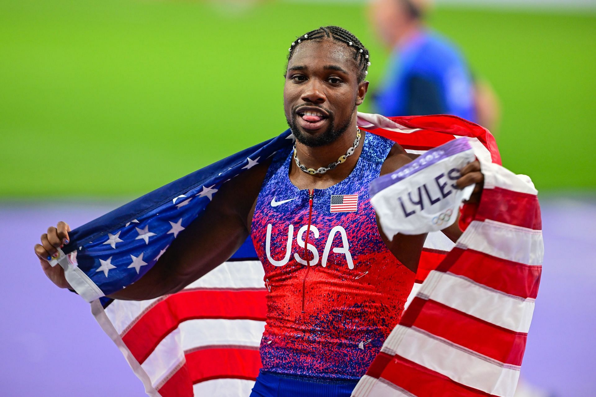 Noah Lyles celebrates winning the Olympic gold (Source: Getty)