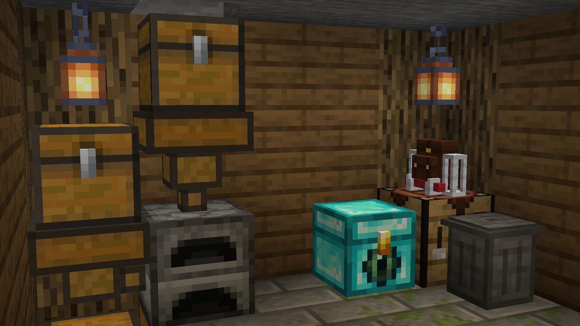 A small crafting area filled with different Minecraft storage mod items (Image via Mojang)