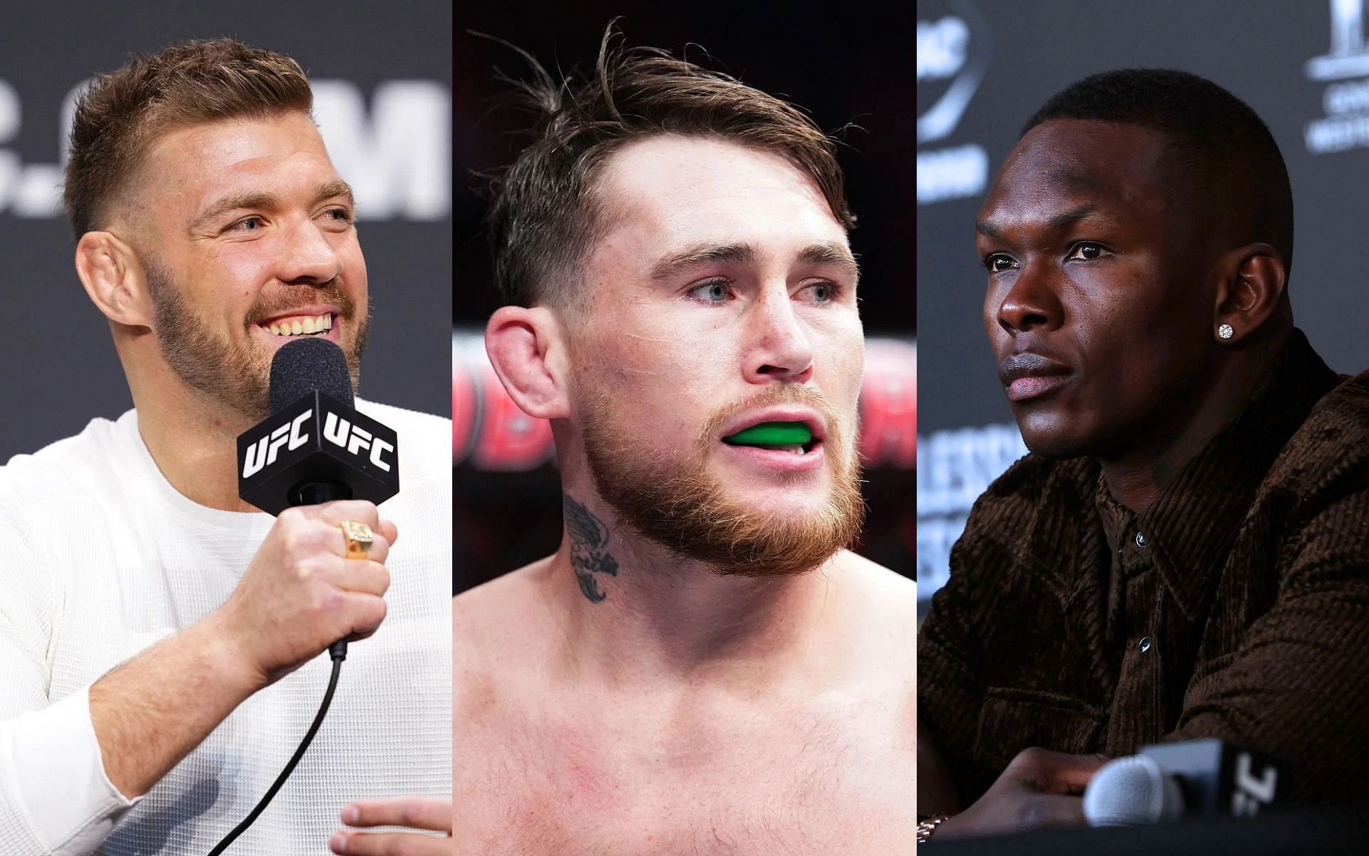 Dricus du Plessis (left) laughs off Darren Till (middle) sharing advice with Israel Adesanya (right) ahead of UFC 305 [Images courtesy: Getty Images]