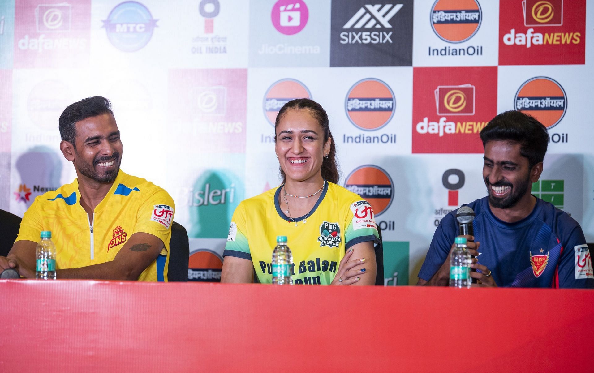 (Form L) Sharath Kamal (Chennai Lions), Manika Batra (PBG Bengaluru Smashers), Sathiyan G (Dabang Delhi TT) - Image Credits: Ultimate Table Tennis