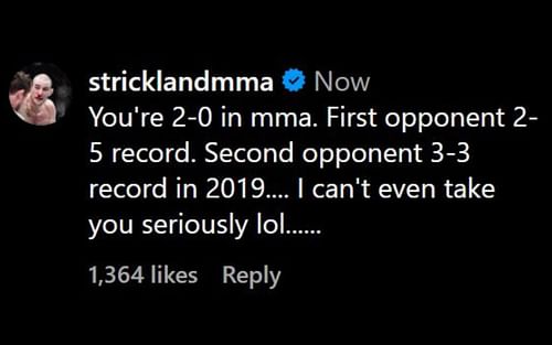 Strickland's comment on Dillon Danis' post. [Image credit: @dillondanis on Instagram]