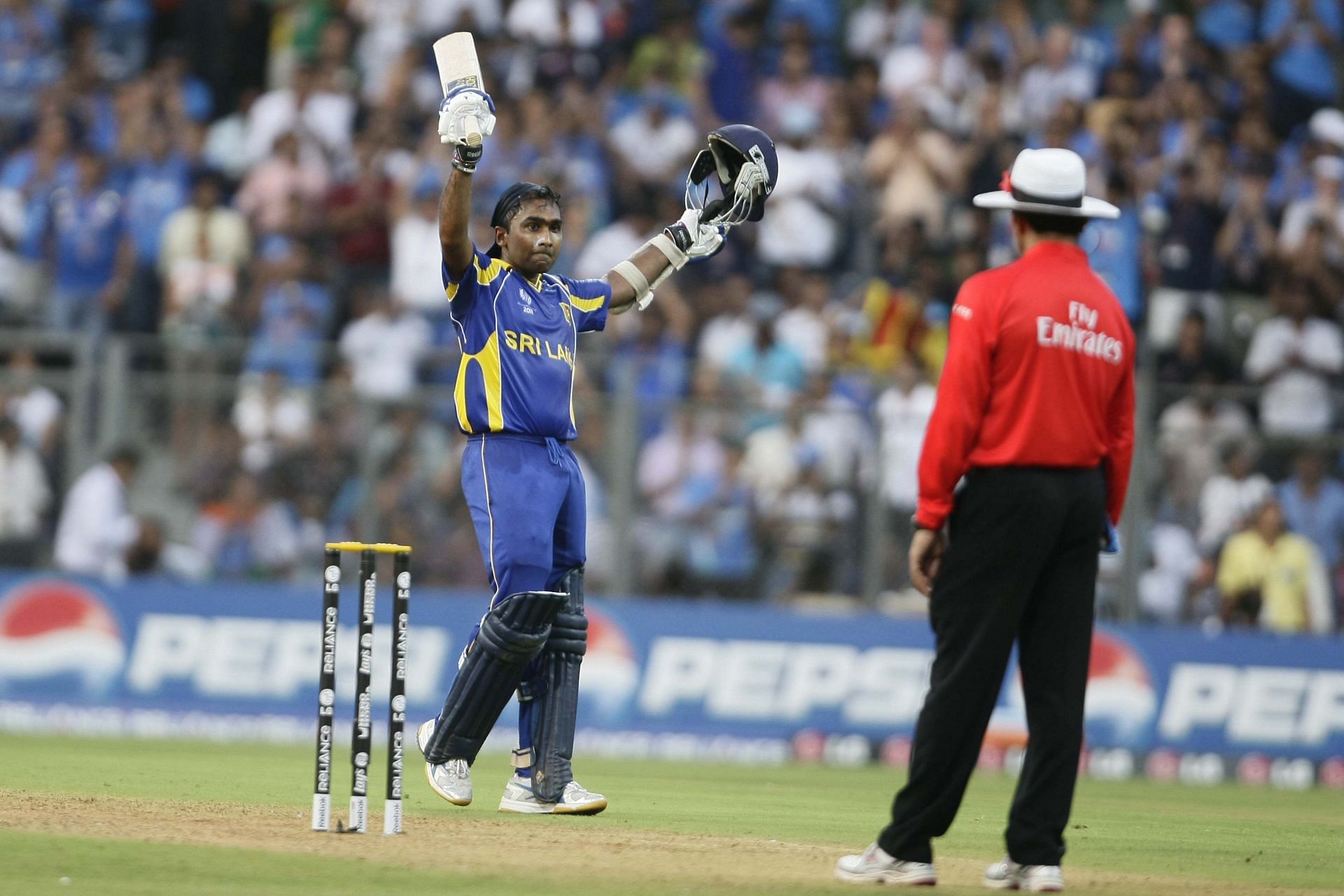 Mahela Jayawardene celebrates his hundred in the 2011 World Cup final. (Image Credits: Getty Images)