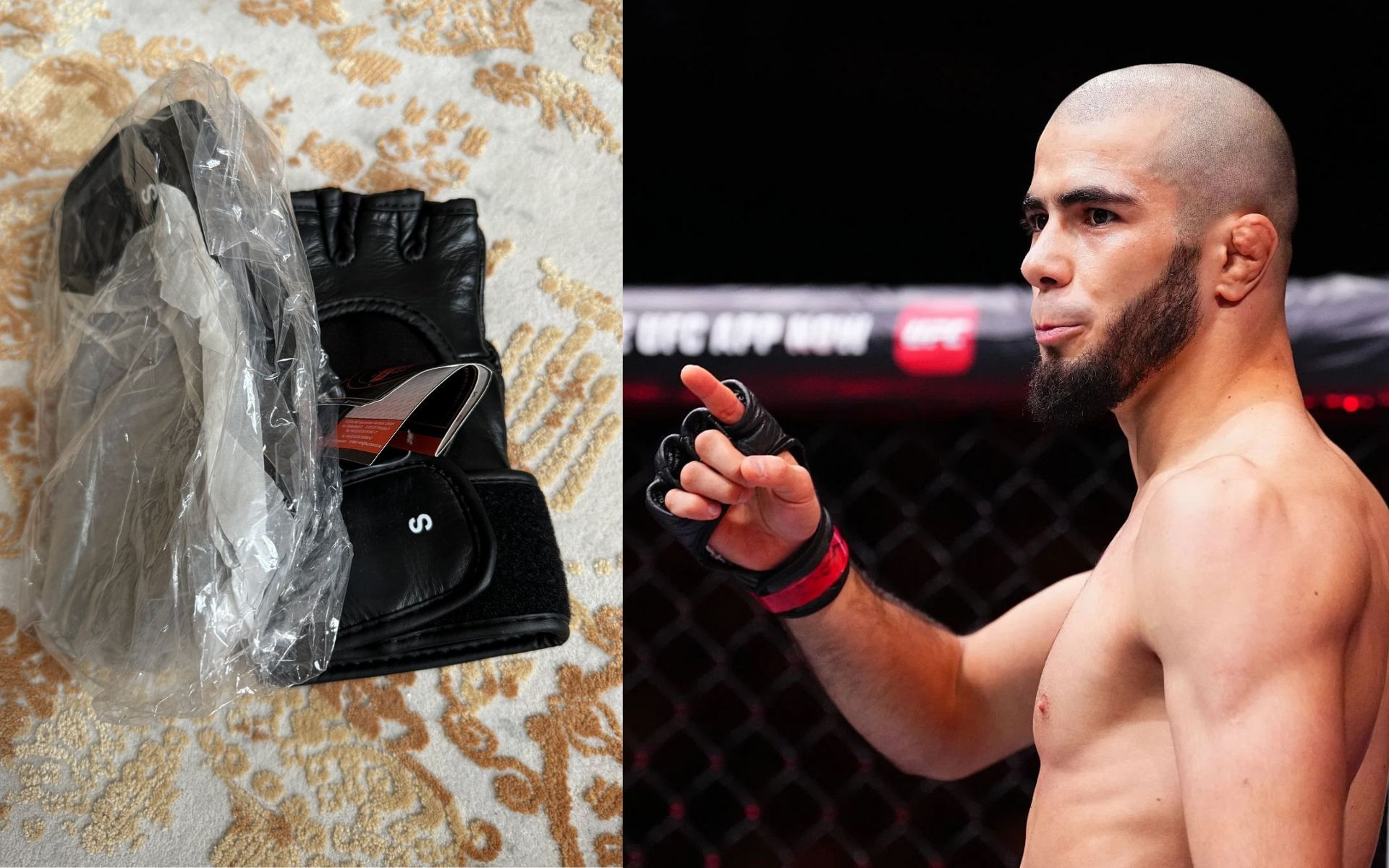 Muhammad Mokaev (right) hints at signing with new MMA promotion after posting photo of new gloves (left) [Images courtesy: Getty Images and @muhammadmokaev on Instagram]