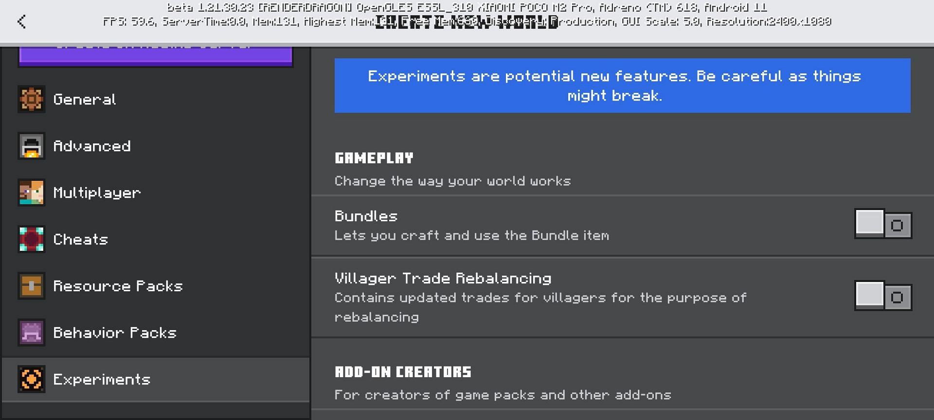 Experimental option to add bundles (Image via Mojang)