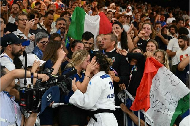 Alice Bellandi celebrating with her girlfriend Jasmine Martin after winning her bout at Paris Olympics 2024 [Image Source: Getty] 