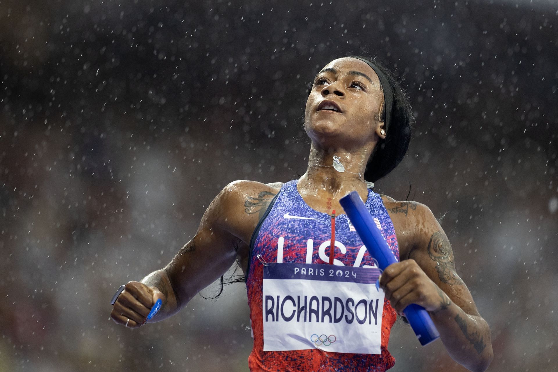 Sha&#039;carri Richardson of the United States after running the anchor leg to bring home the team for the gold medal in the Women&#039;s 4 x 100m Relay Final during the 2024 Summer Olympic Games in Paris, France. (Photo via Getty Images)