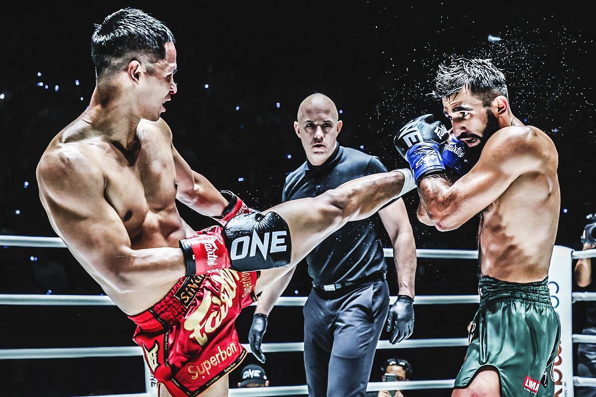 Superbon dominated rival Marat Grigorian to win the ONE interim featherweight kickboxing world championship in April 2024. [Photo via: ONE Championship]