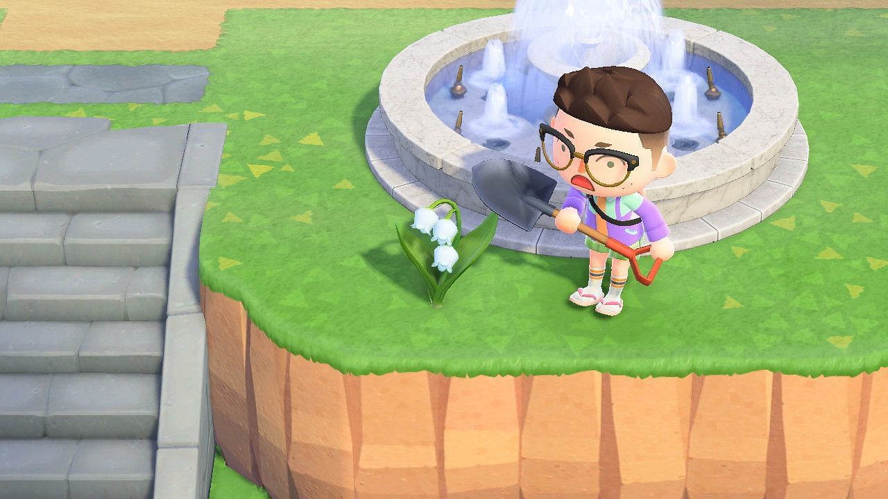 Lily of the Valley on a cliff edge in Animal Crossing: New Horizons (Image via X/@snackyboyP)