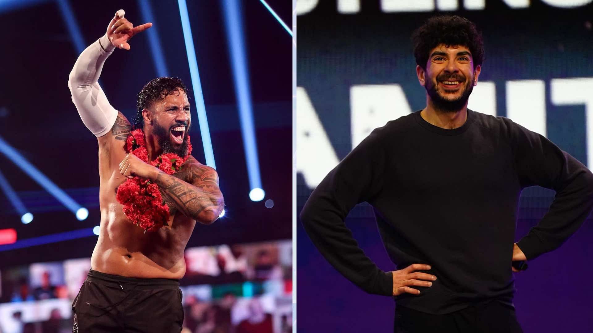 Jey Uso (on the left) and Tony Khan (on the right) [Image Credits: WWE.com and the official X account of AEW]