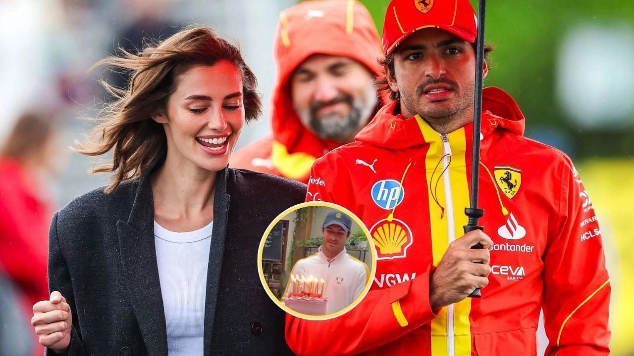 Carlos Sainz and Rebecca Donaldson. Credit: Getty Images. Carlos Sainz with the cake. Courtesy: (x.com/loveforsainz)