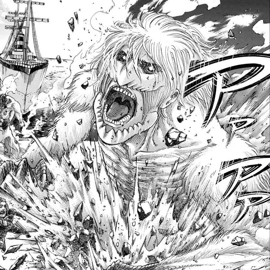 Falco Grice&#039;s Jaw Titan. Image Source: Attack on Titan manga: Chapter 129