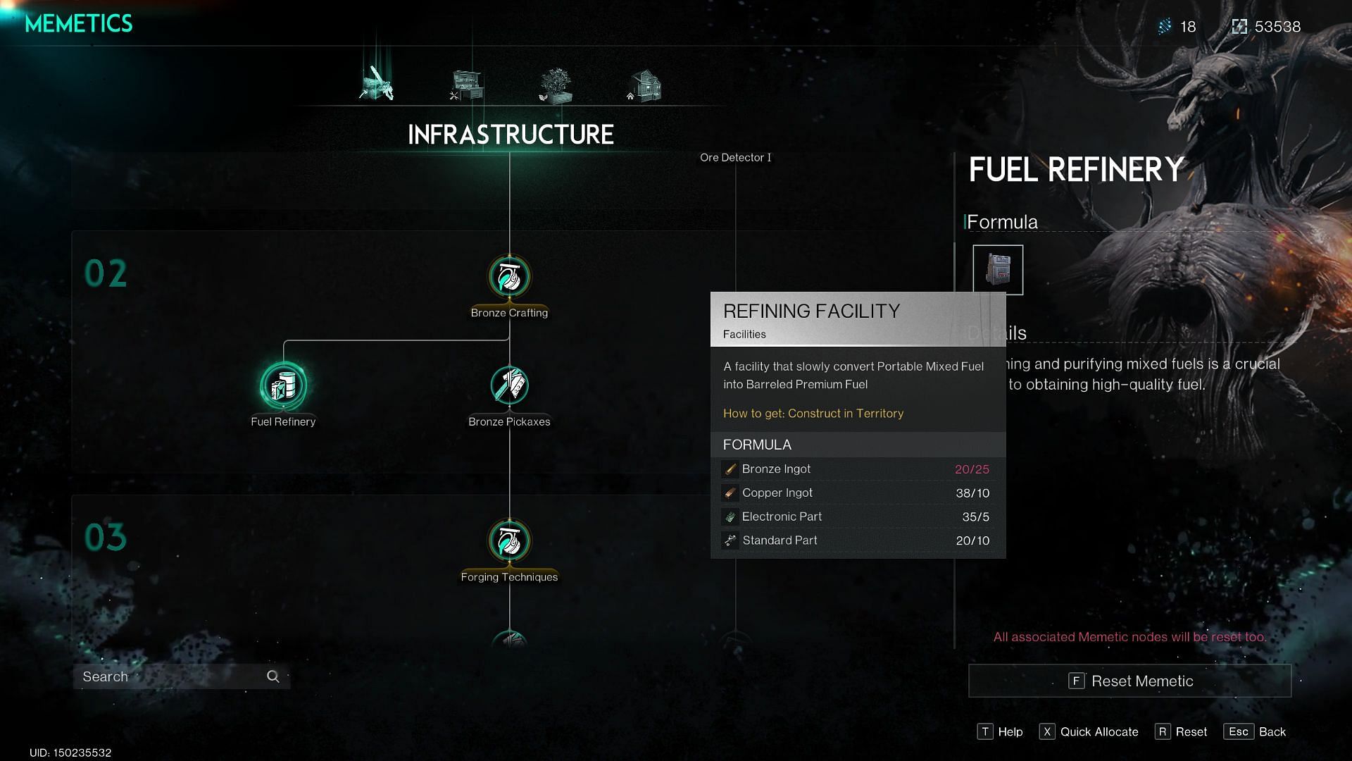 You can unlock the Refining Facility in the Infrastructure tech tree (Image via Starry Studio)