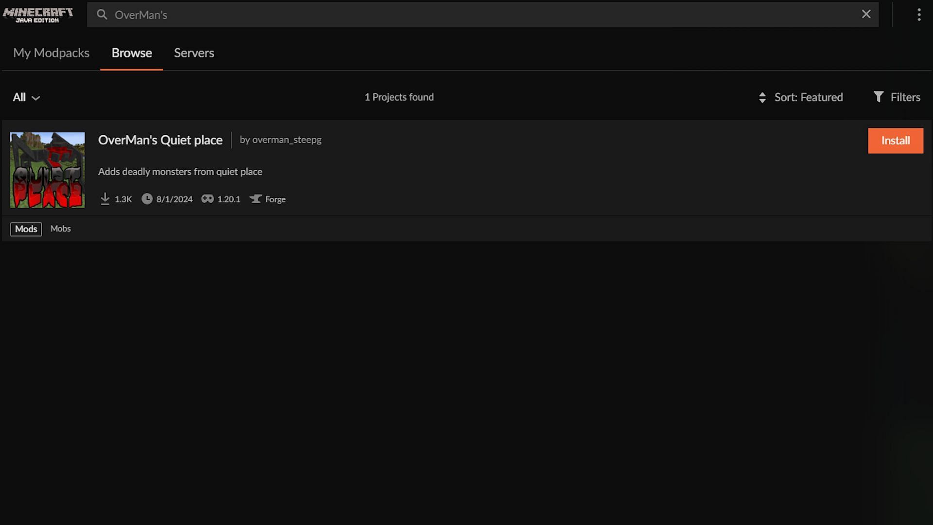 The search results for &quot;OverMan&#039;s&quot; (Image via CurseForge)