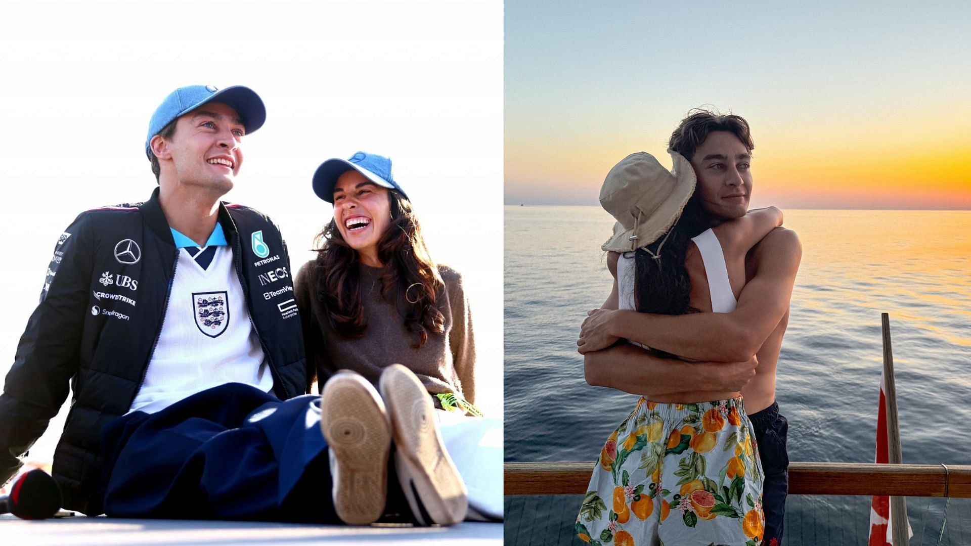 Left: George Russell and Carmen Mundt sharing a light moment ahead of the 2024 British Grand Prix (Source: Getty). Right: George and Carmen during the F1 summer break (Source: X (@GeorgeRussell63)