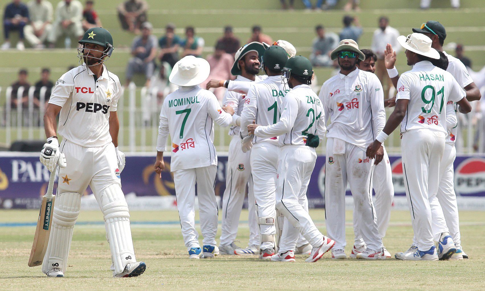 Bangladesh celebrating the fall of a Pakistani wicket in the first Test. [BCB on X]