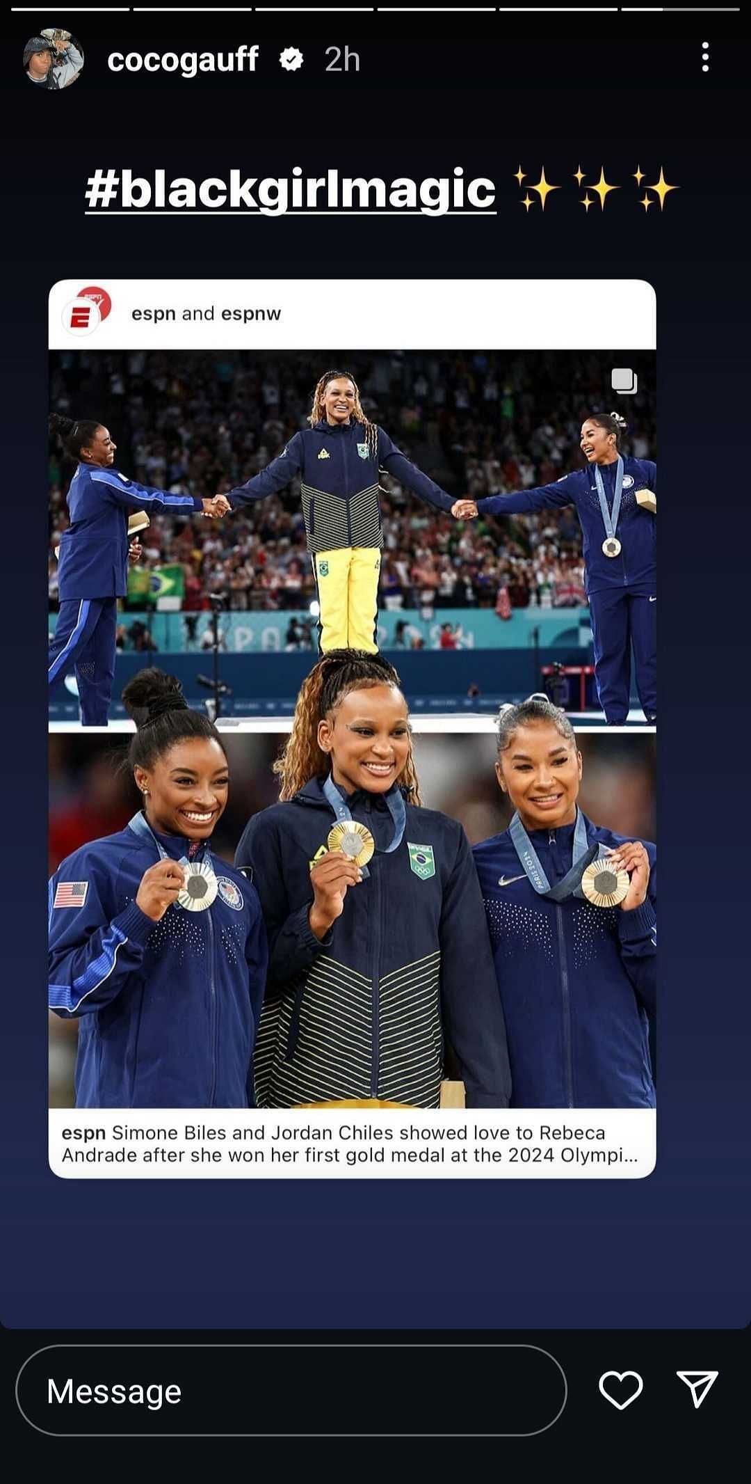 Coco Gauff celebrates Simone Biles, Rebecca Andrade, and Jordan Chiles as they make first all-black podium at gymnastics in Olympics