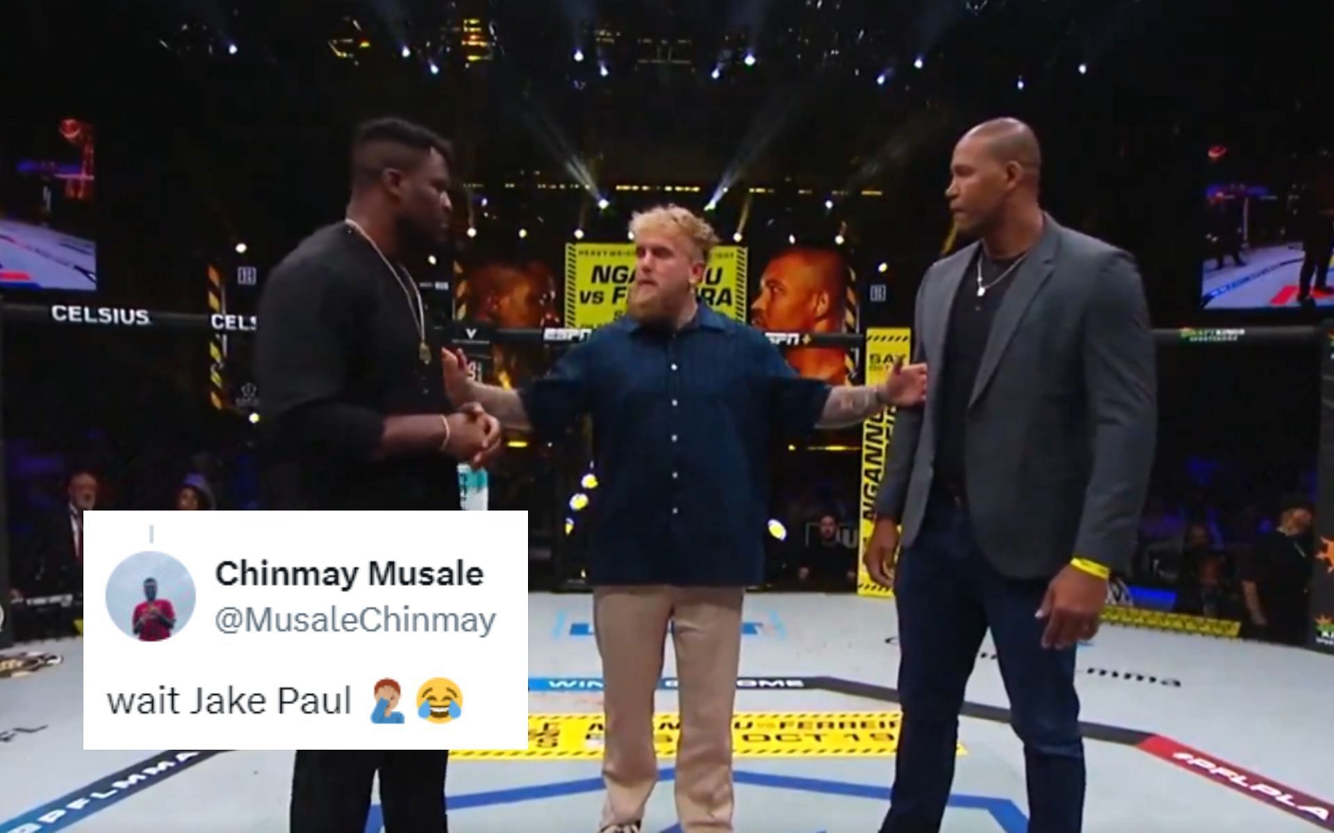 Francis Ngannou (left) and Renan Ferreira (right) towered over Jake Paul (middle) [Images courtesy: @espnmma and @MusaleChinmay on X]