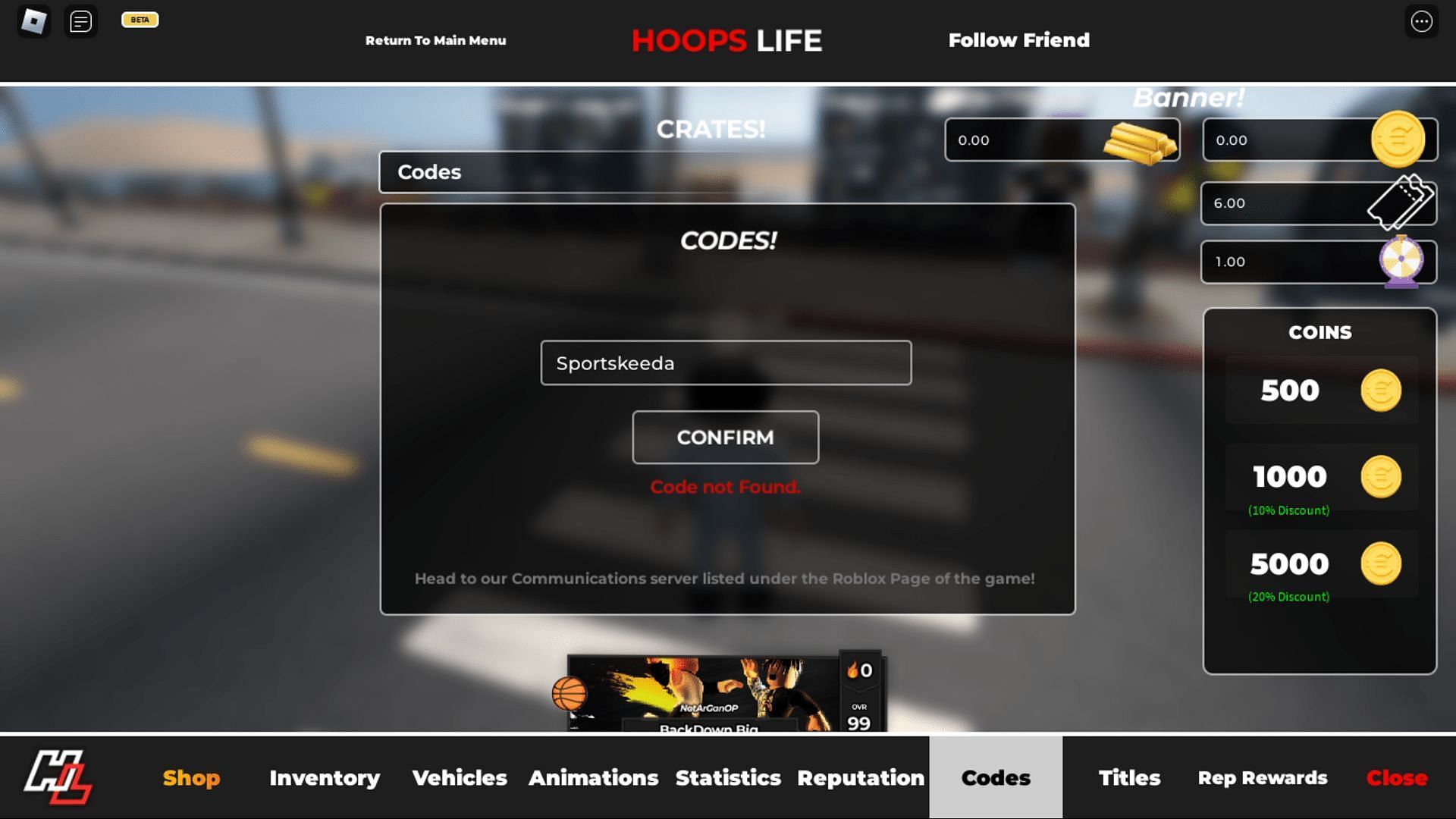 Troubleshoot codes in Hoops Life (Image via Roblox)