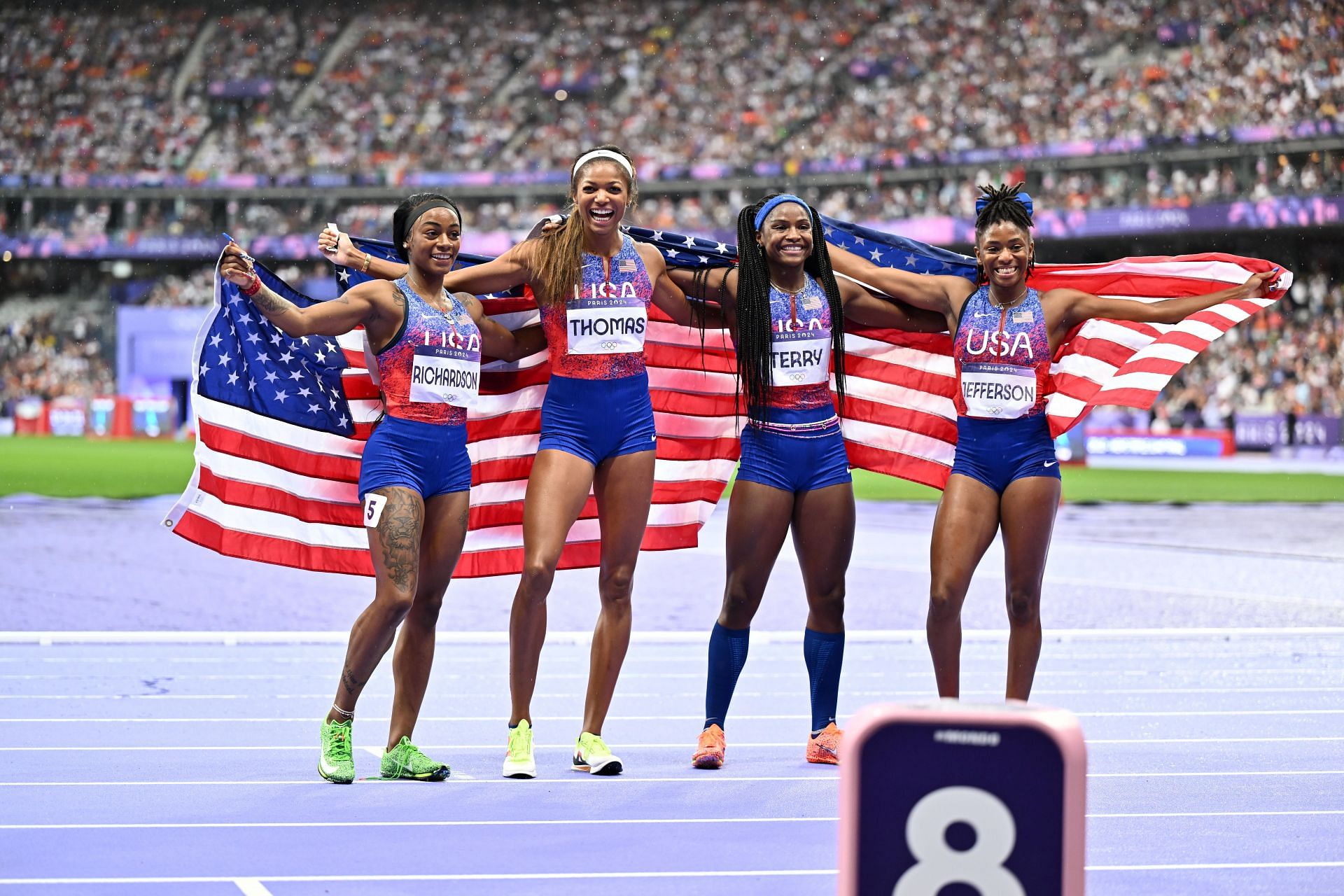 Sha&#039;carri Richardson, Twanisha Terry, Gabby Thomas, Melissa Jefferson at the Paris Olympics 2024. (Photo via Getty Images)