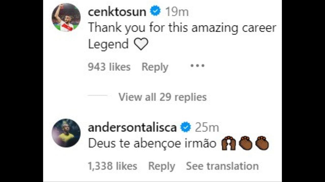 Cenk Tosun and Anderson Talisca's comment (image via Instagram/official_pepe)