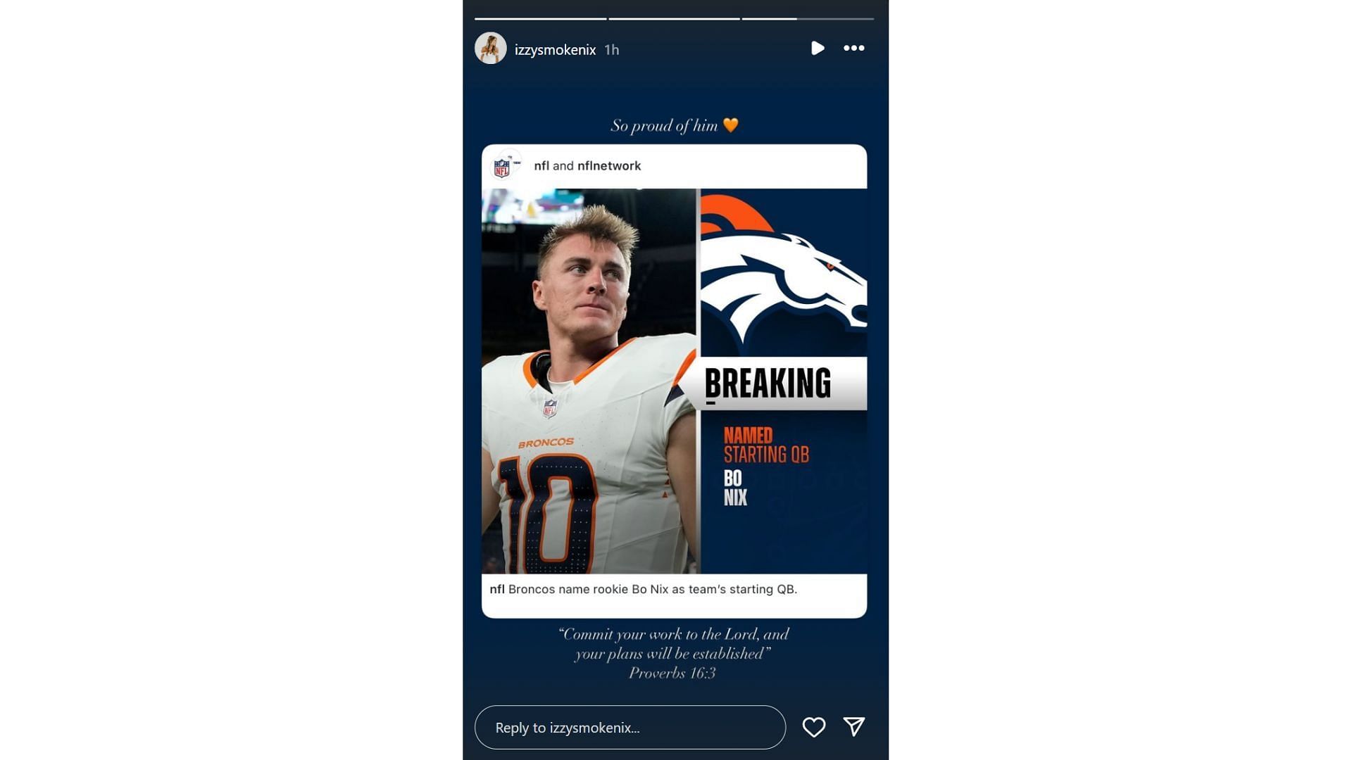 Bo Nix&#039;s wife celebrates after rookie makes starting QB with the Denver Broncos [Image credit: @izzysmokenix IG]