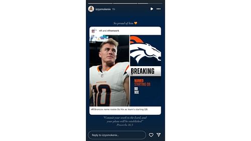 Bo Nix's wife celebrates after rookie makes starting QB with the Denver Broncos [Image credit: @izzysmokenix IG]