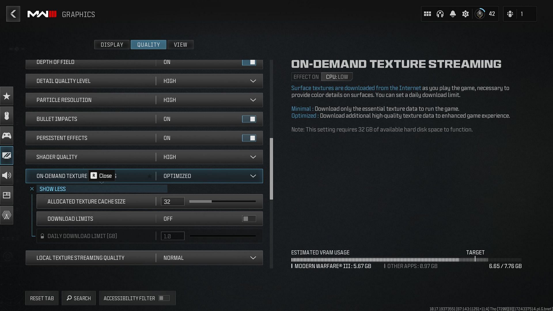 On-demand textures streaming settings (Image via Activision)