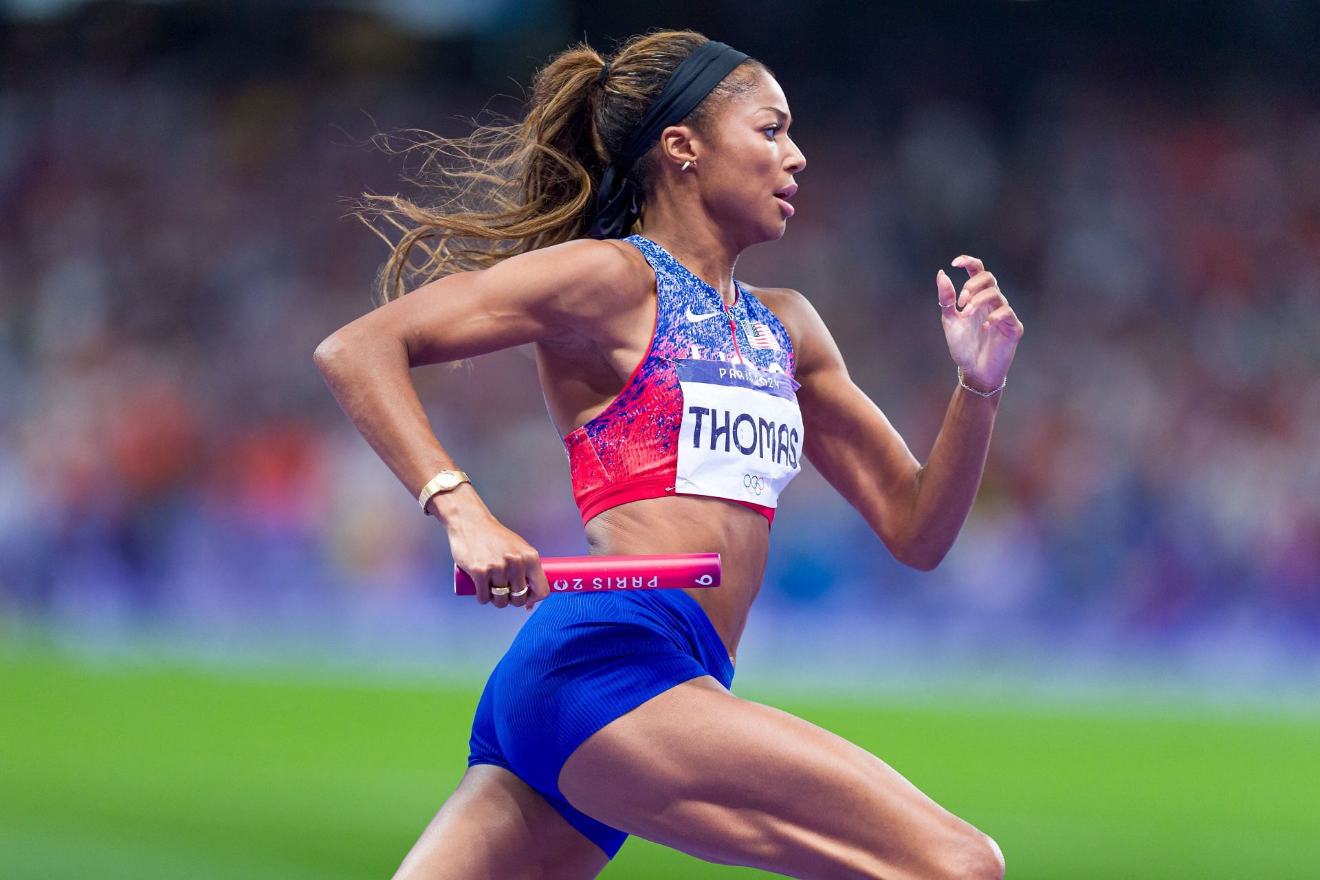 Gabby Thomas in action during the women&#039;s 4x400m relay final at the Paris Olympics [Image Source: Getty]