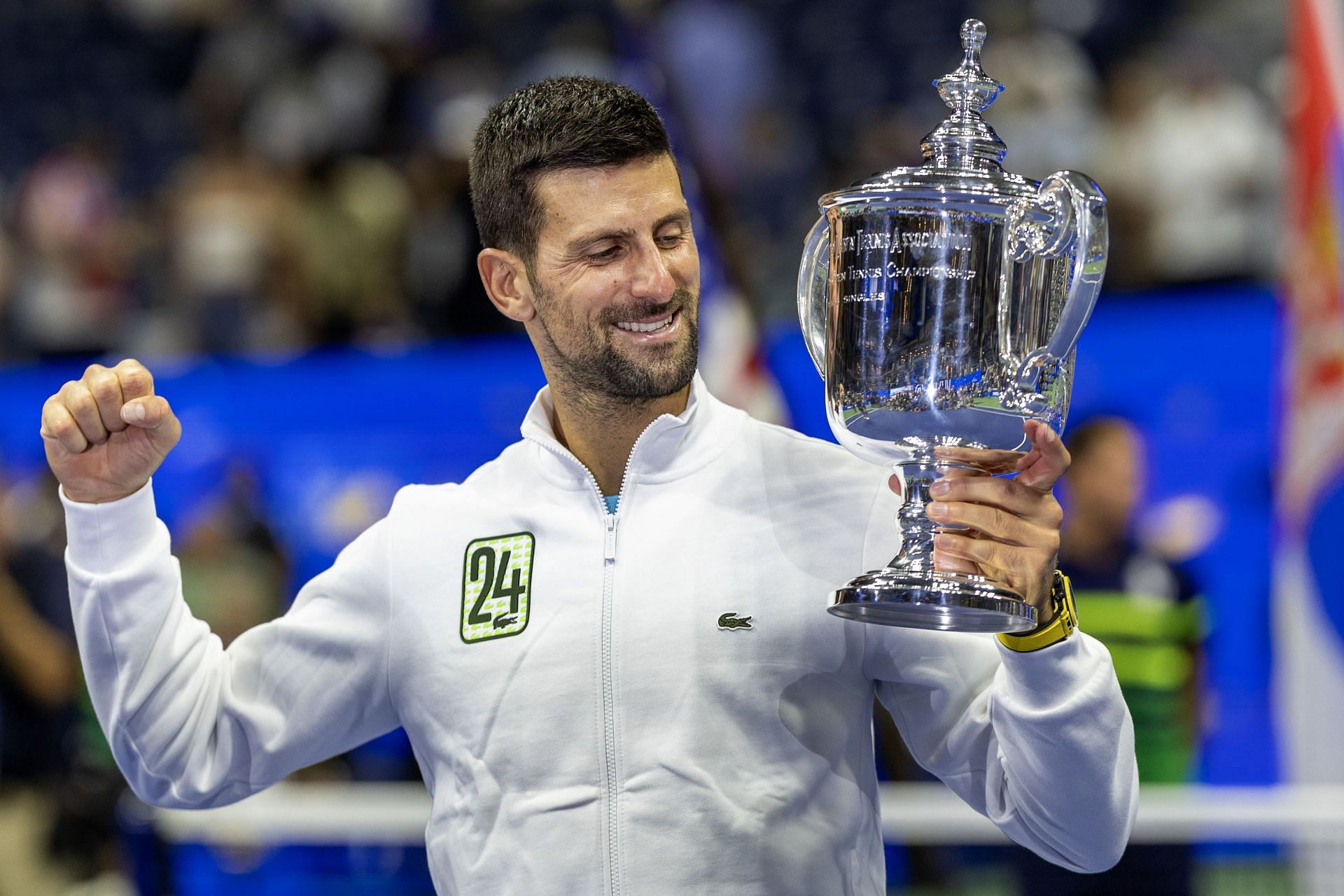 Novak Djokovic with the trophy after winning the US Open in 2023