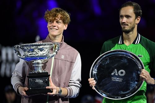 Jannik Sinner and Daniil Medvedev (R) pictured at the 2024 Australian Open - Source: Getty