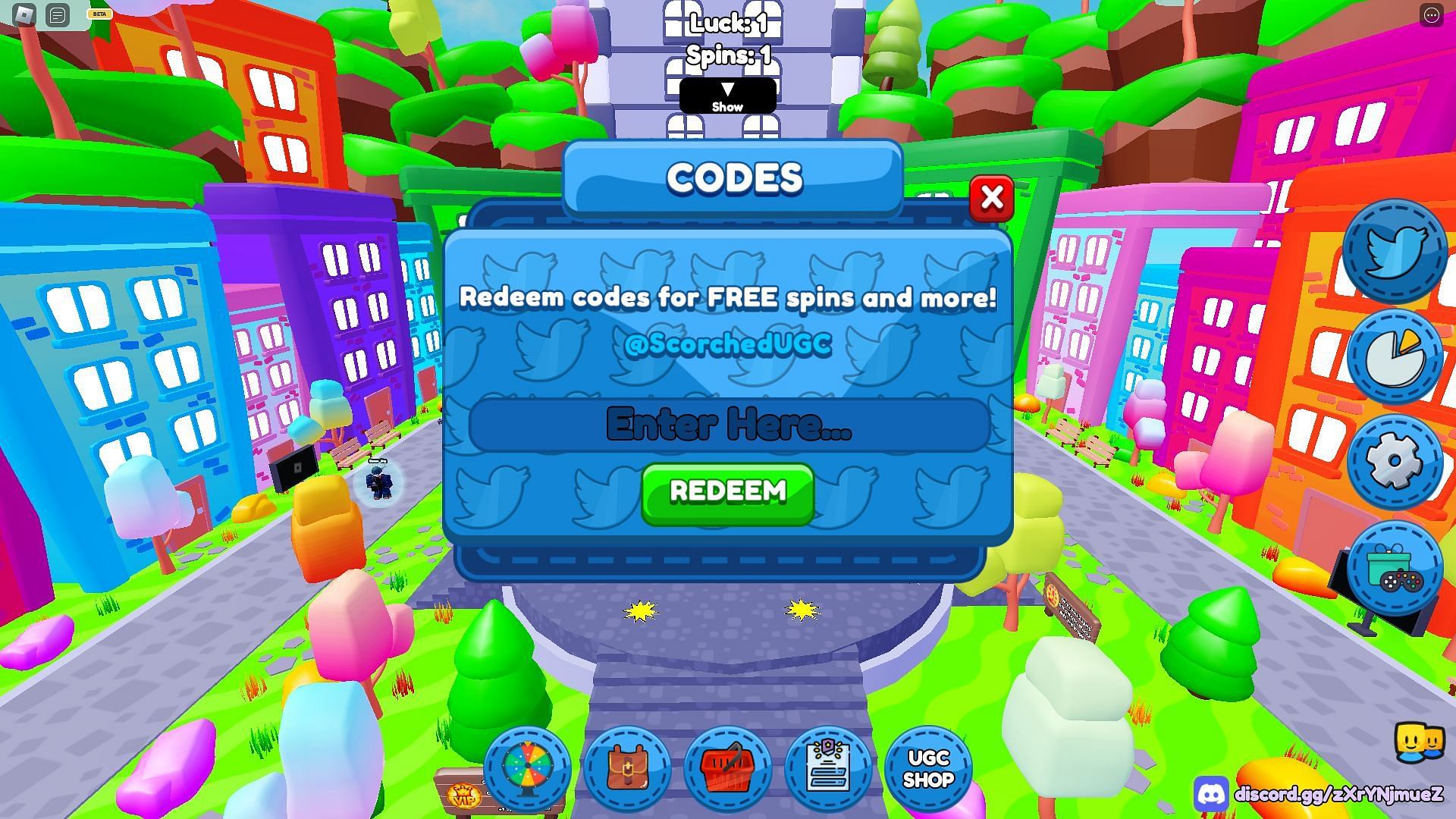 Redeem codes in Free UGC Spinner (Image via Roblox)