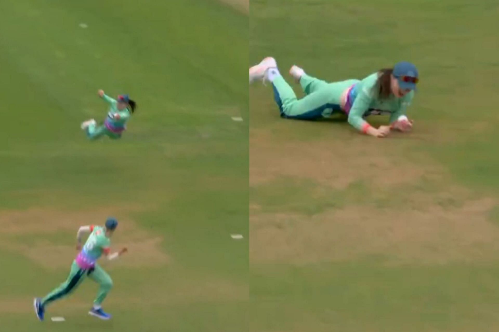 Oval Invincibles&rsquo; Mady Villiers takes a potential catch-of-the-season in The Hundred Women&rsquo;s 2024 (Image via X/@thehundred)