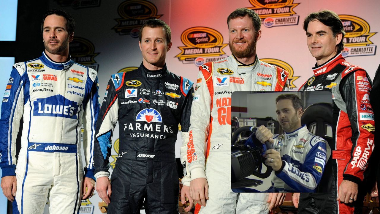 (L-R) Jimmie Johnson, Kasey Kahne, Dale Earnhardt Jr, and Jeff Gordon in the NASCAR: Sprint Media Tour (Background Image Source: Imagn, Inset NASCAR on YouTube)