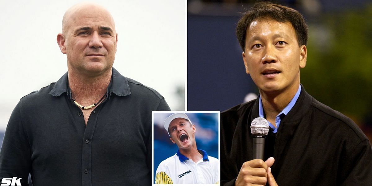 Andre Agassi (L), Yevgeny Kafelnikov (inset) and Michael Chang (R) (Source: Getty)