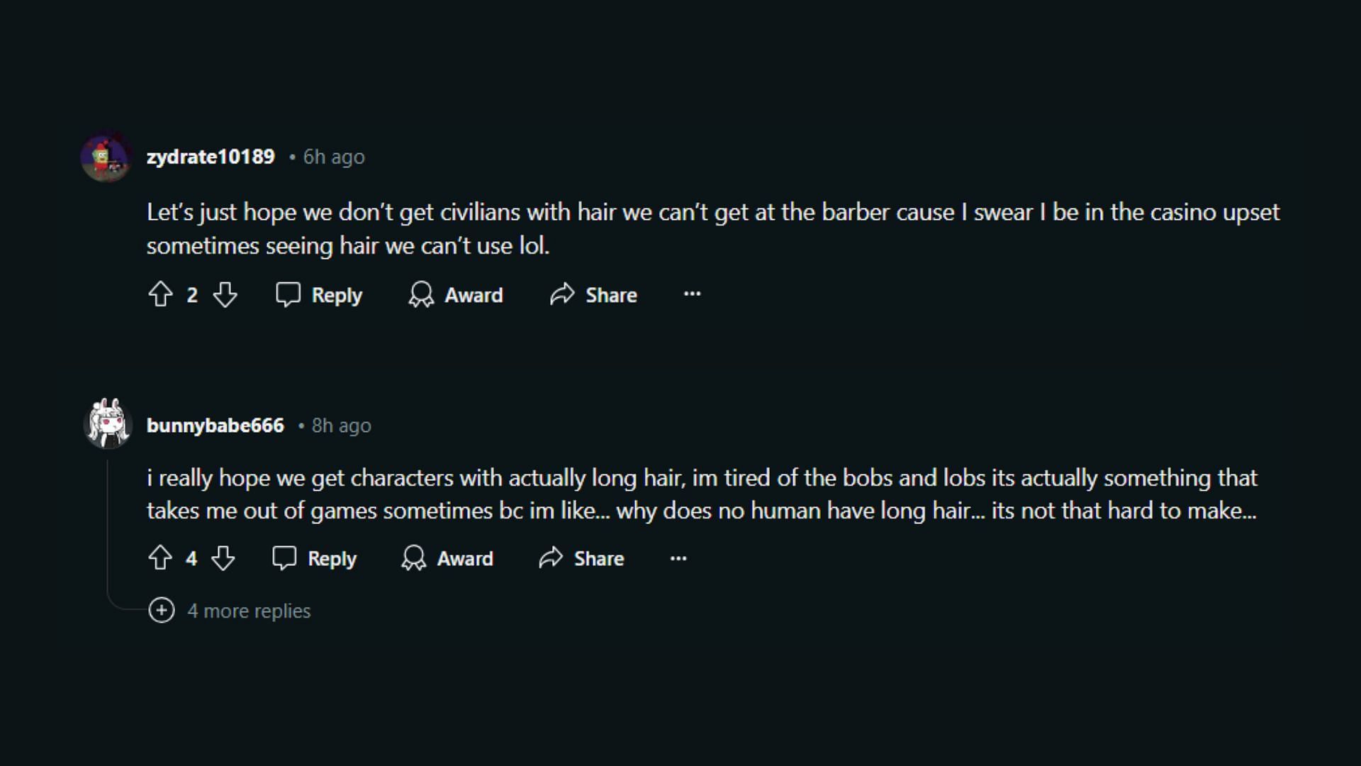 Fans want new hair features in the upcoming game (Images via Reddit)