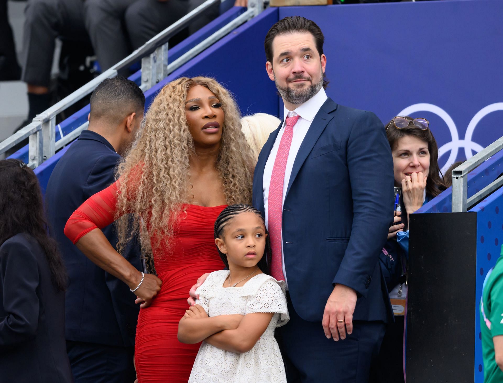 Serena Williams, Alexis Ohanian, and their daughter Olympia (clockwise L to R) at the Olympic Games Paris 2024 (Image: Getty)