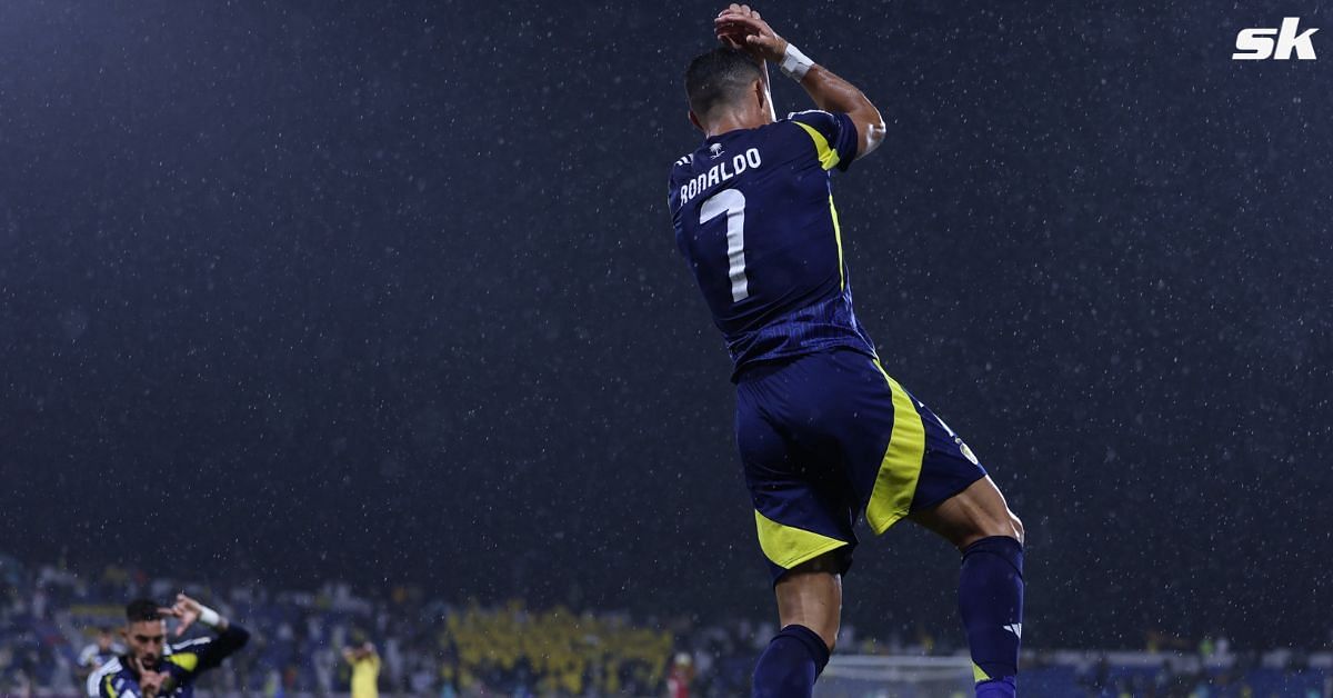 Cristiano Ronaldo celebrates after scoring against Al-Taawoun