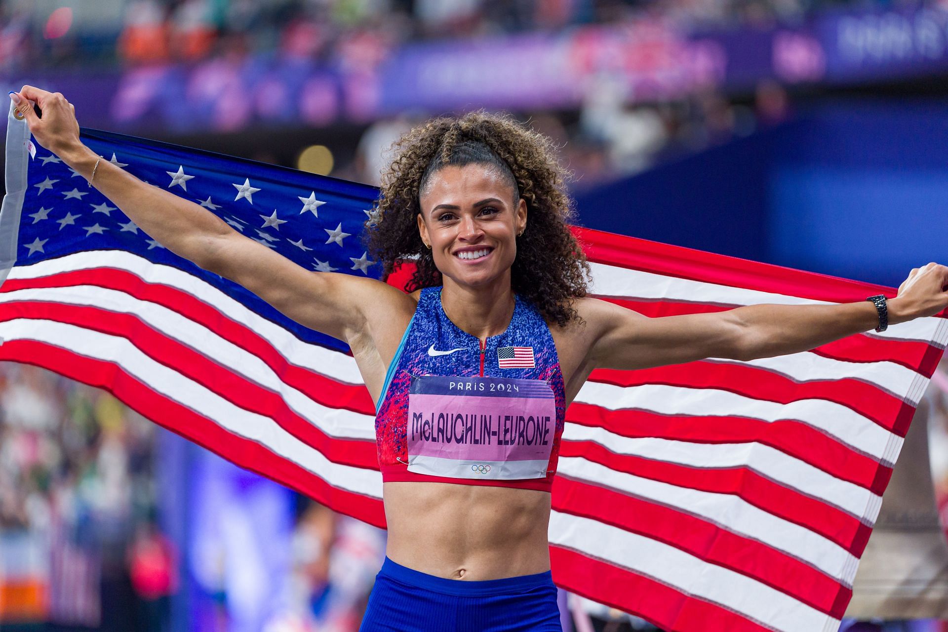 Sydney McLaughlin-Levrone celebrates winning the Gold medal with team mates in the Women&#039;s 4 x 400m Relay Final at the Olympic Games Paris 2024 at Stade de France. (Photo by Andy Cheung/Getty Images)