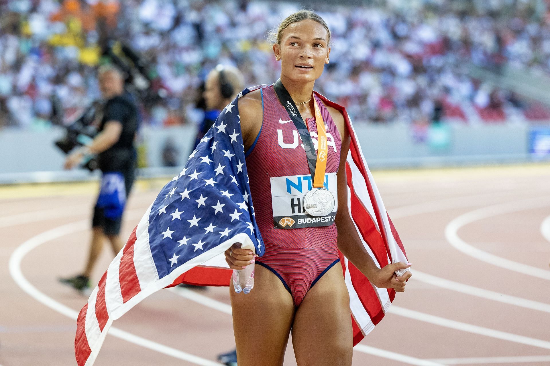 Anna Hall of USA celebrating her silver medal in heptathlon at the World Athletics Championships. Budapest 2023 [Image Source: Getty]