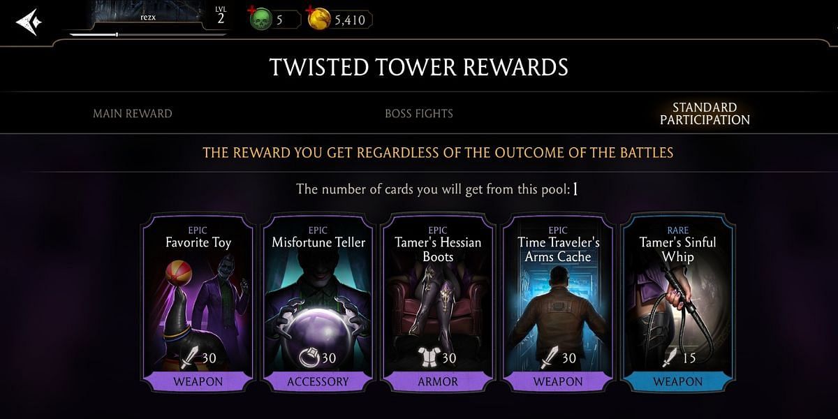 Standard participation rewards in Fatal Twisted Tower (Image via NetherRealm Studios)