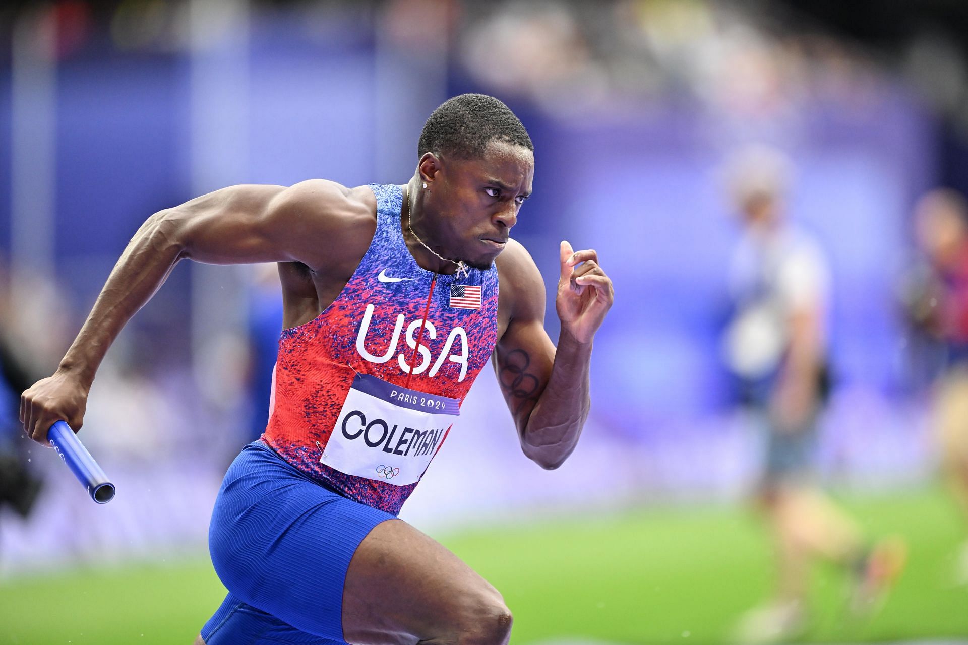 Christian Coleman in action during the Men&#039;s 4x100m relay at the Paris Olympics 2024 [Image Source : Getty]