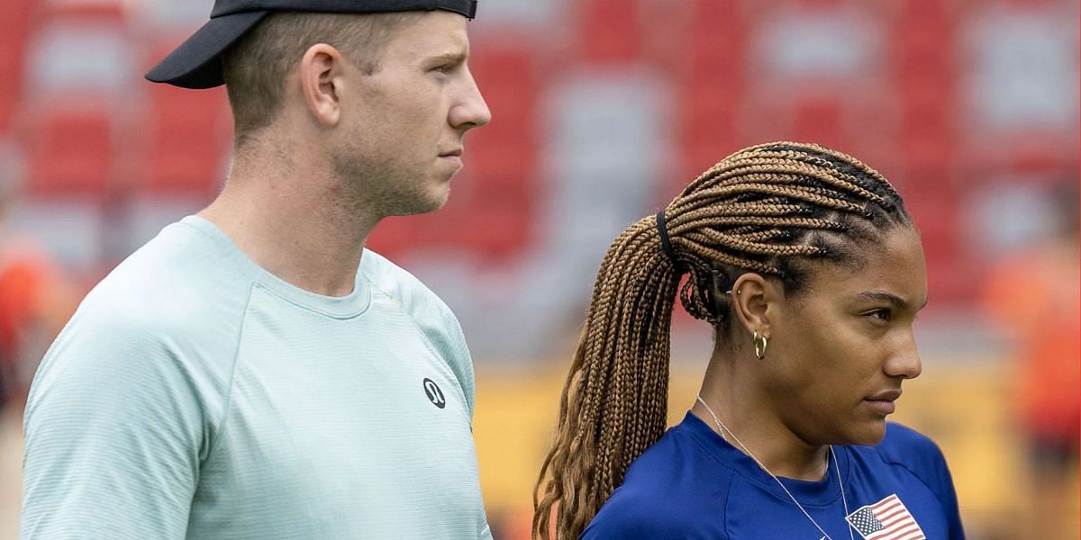 Tara Davis-Woodhall with husband Hunter Woodhall during team practice before the World Athletics Championships 2023 in Budapest, Hungary. (Photo: Getty)