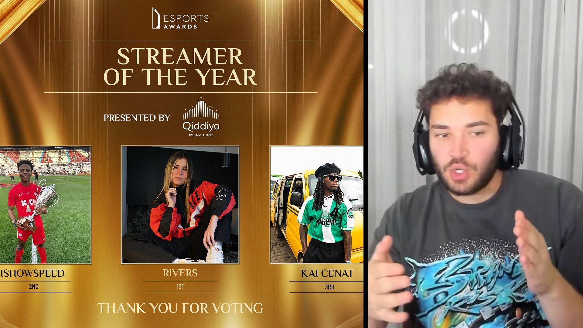 Adin Ross comments on Samantha Rivers winning Streamer of the year (Image via Adin Live/YouTube, Esports Awards/X)