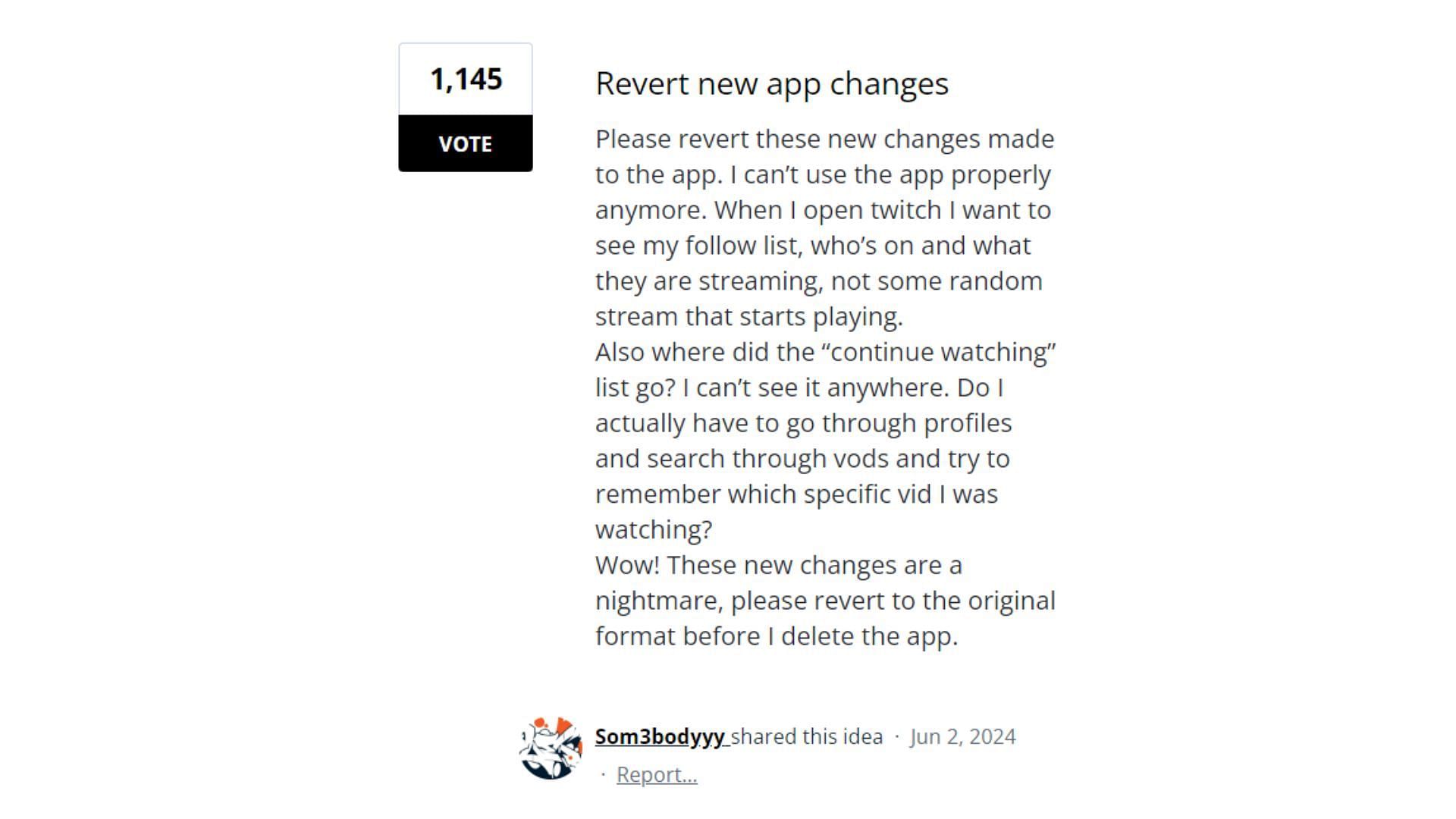 A post made on Twitch forums requesting to rollback the changes made to the application&#039;s UI (Image via twitch.uservoice.com)