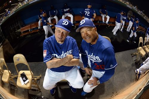 Tommy Lasorda with current Dodgers manager Dave Roberts (Photo Credit: IMAGN)