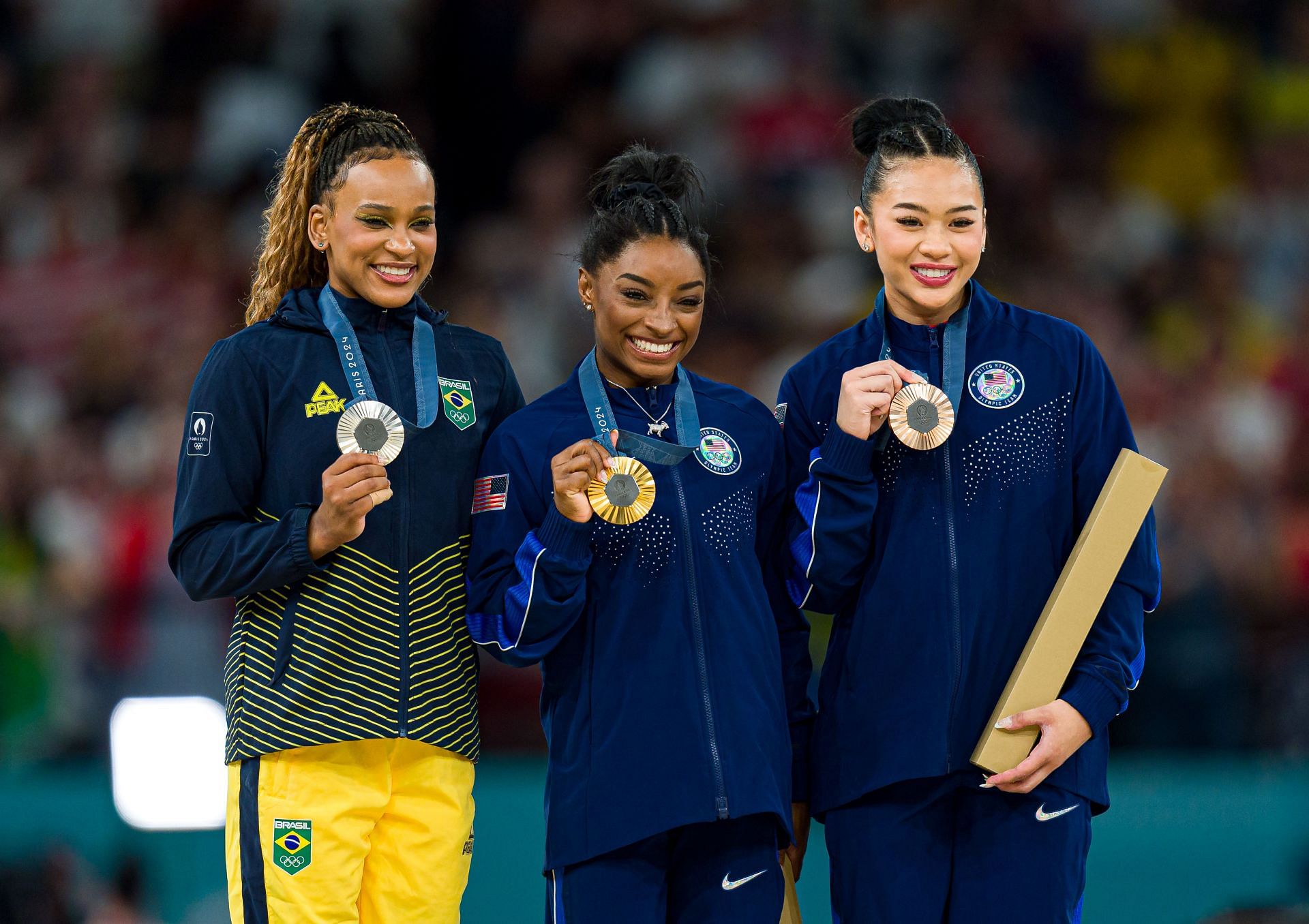 Simone Biles (C) after winning her ninth Olympic gold medal at the 2024 Paris Olympics (IMAGE: GETTY)