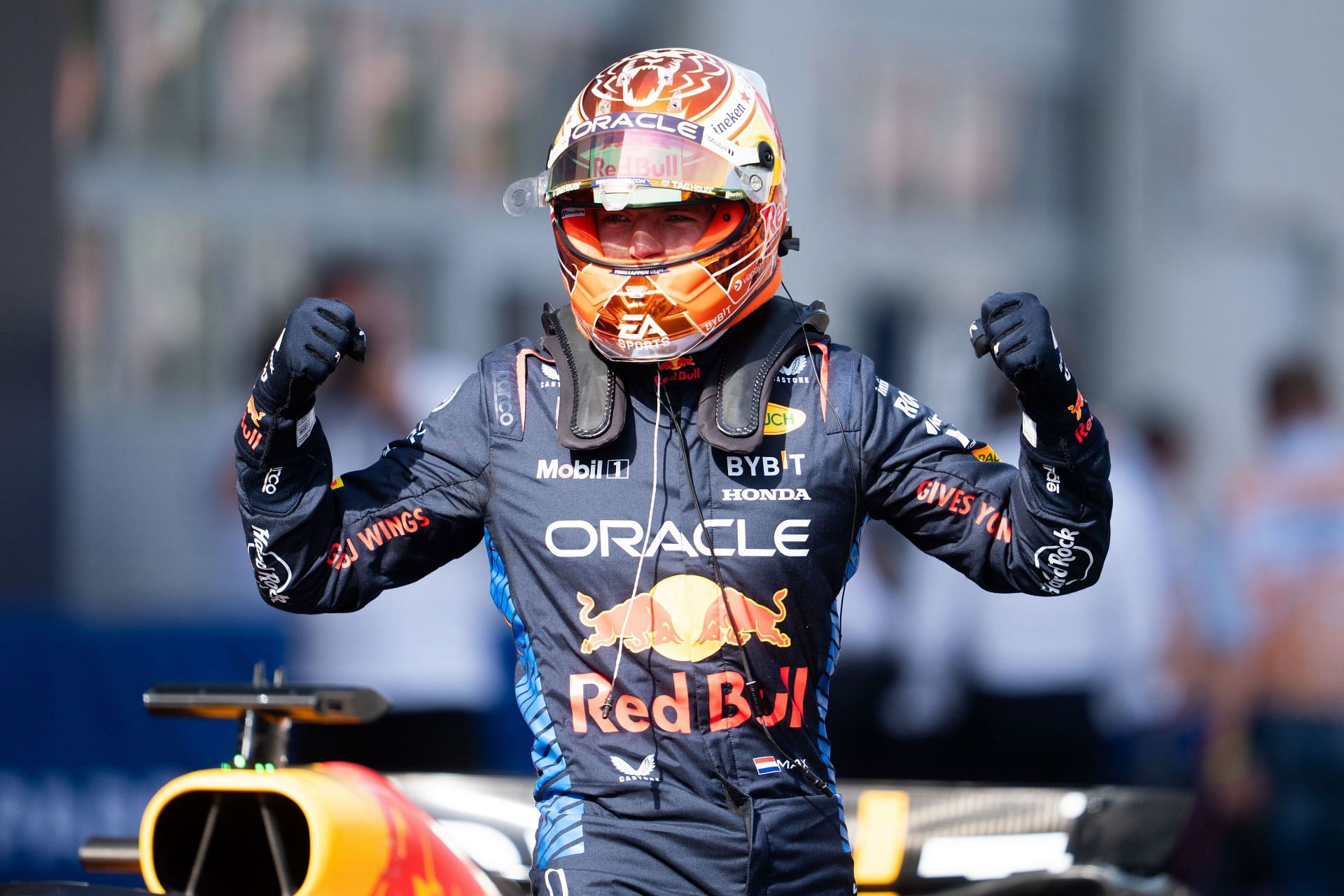 Max Verstappen celebrates after taking first place in the qualifying of the Austrian Grand Prix 2024, Red Bull Ring, on June 29, 2024 (Photo by Mine Kasapoglu/Anadolu via Getty Images) Source: Getty