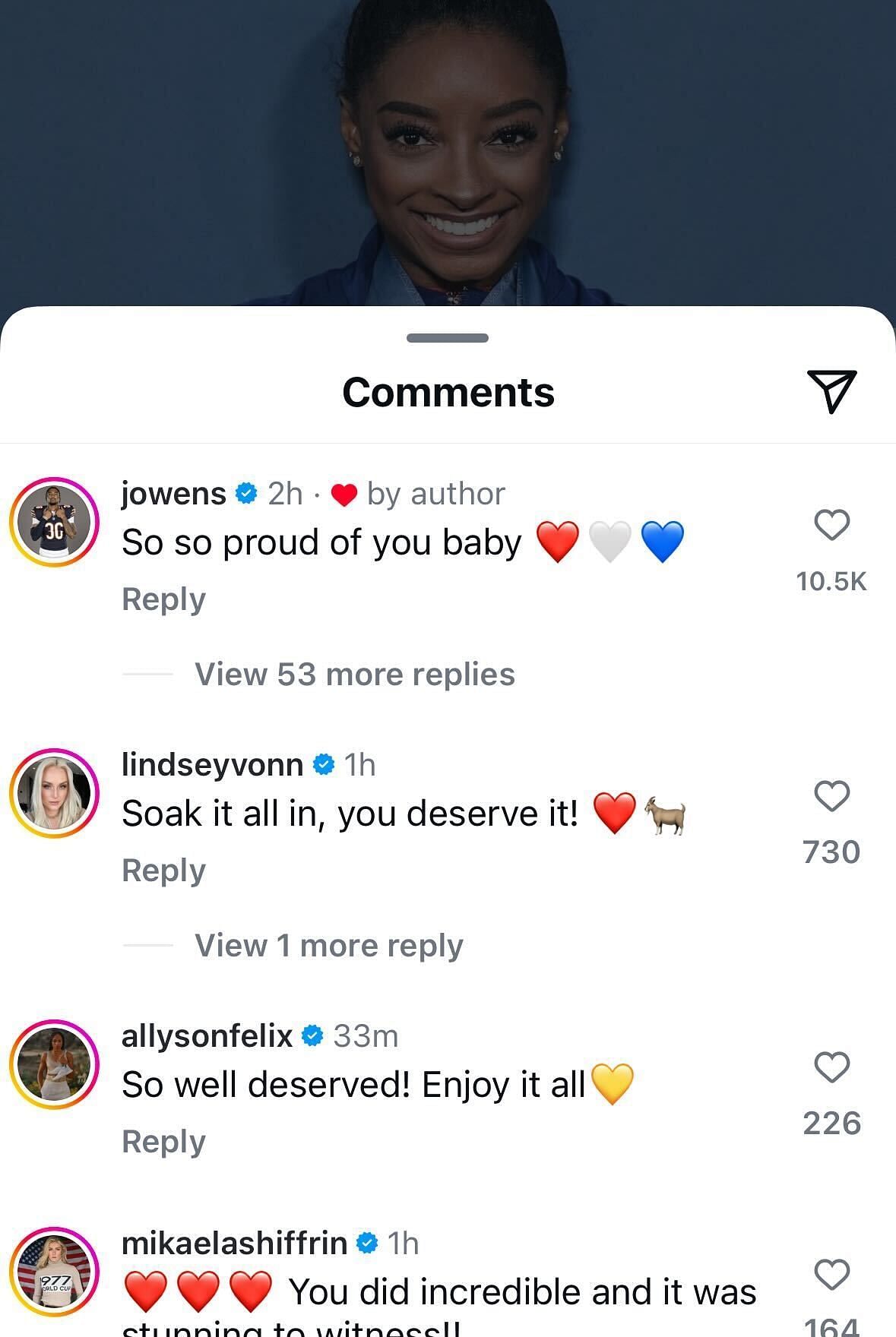 Screenshot of Biles&#039; Instagram post&#039;s comment section.