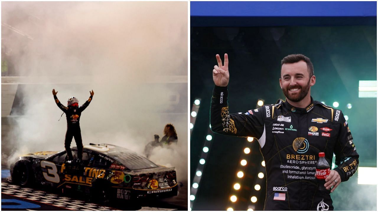 #3 Richard Childress Racing driver Austin Dillon after winning the Cook Out 400 at Richmond Raceway. ( Both images from Imagn )